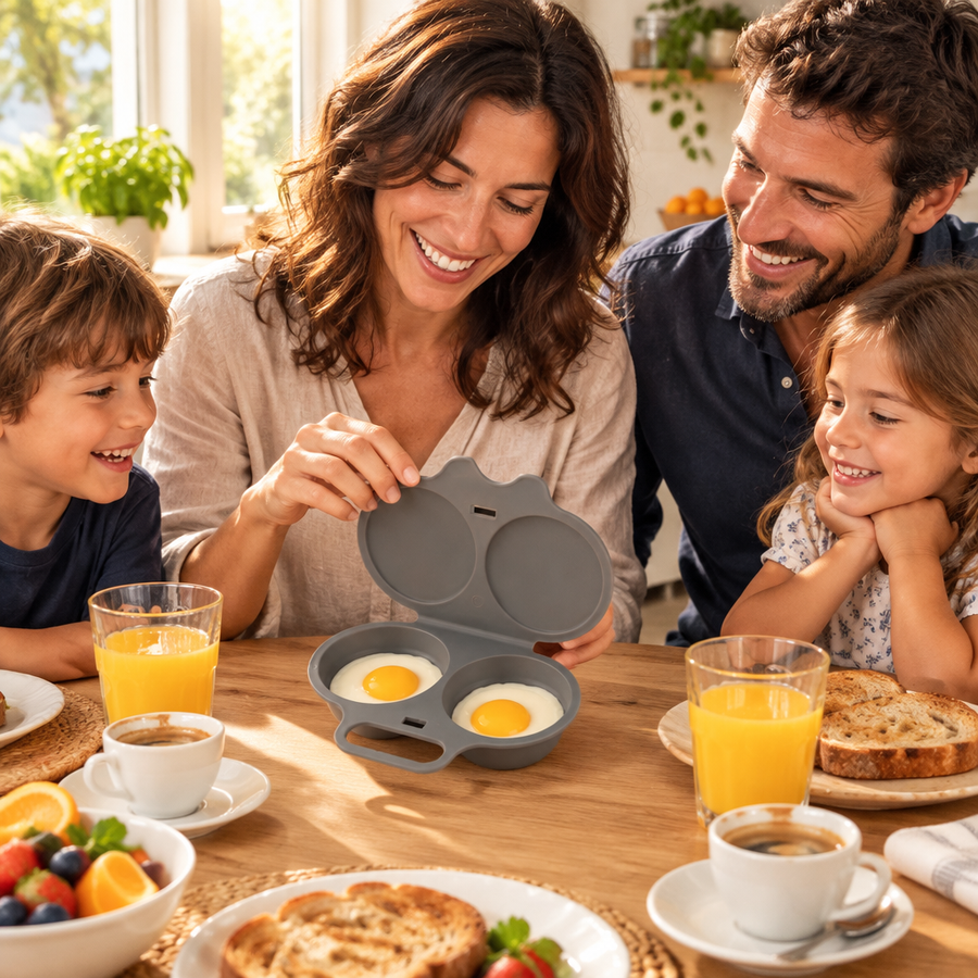 Familia desayunando con HuevoFlash